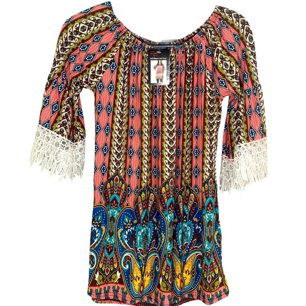 Beautiful Win Win Half Sleeve Lace Tunic Top Size S/M Multi Paisley Off Shoulder
